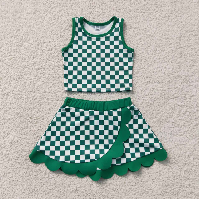 GSD4178 RTS NO MOQ （In stock）Baby Girls Green Checked Vest Top Scallop Skirt Short Yoga Active Clothes Set