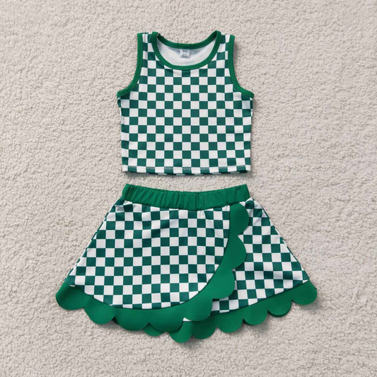GSD4178 RTS NO MOQ （In stock）Baby Girls Green Checked Vest Top Scallop Skirt Short Yoga Active Clothes Set