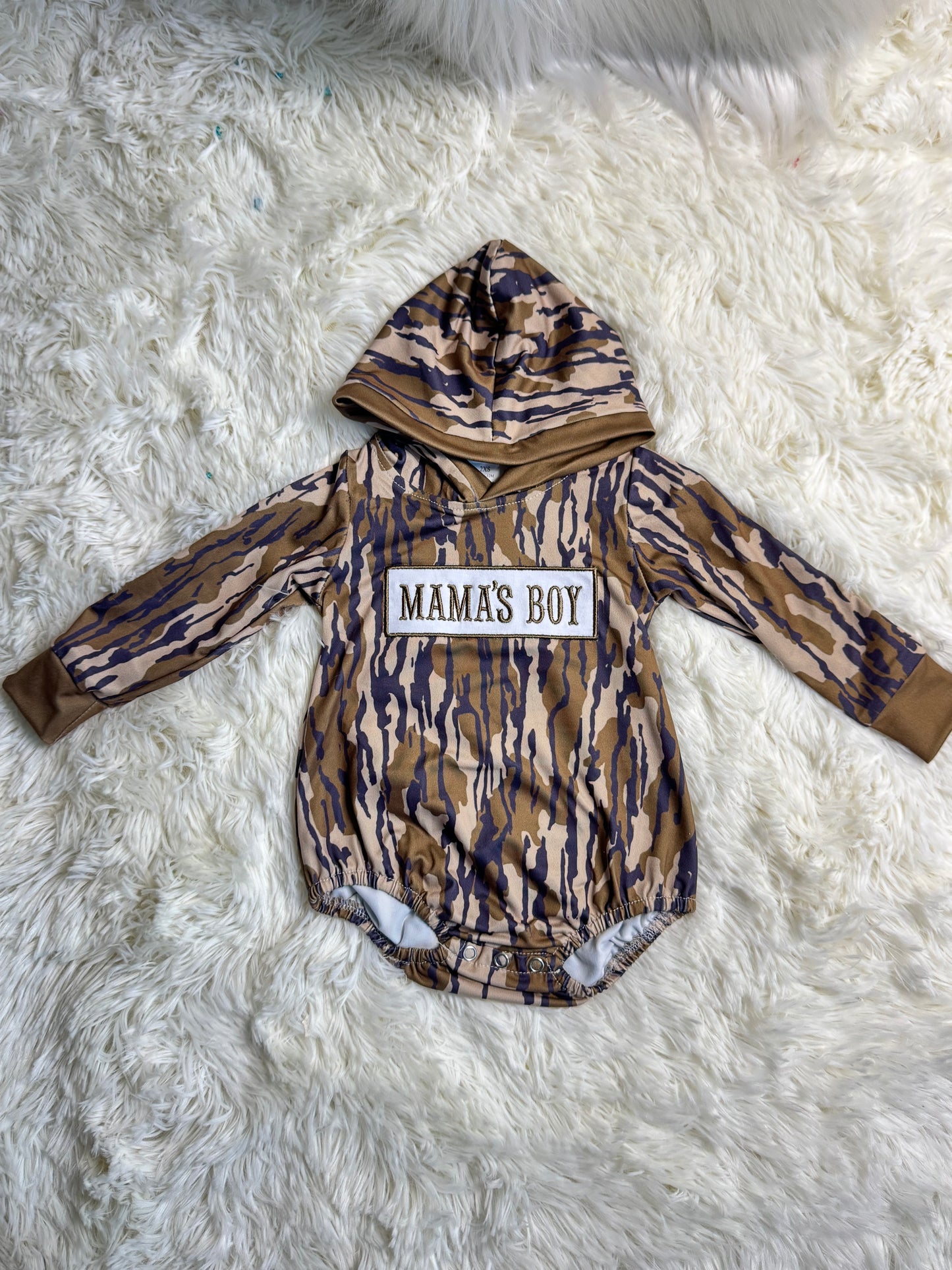 12.8 RST LR2793 Embroidery Mama's Boy Baby Boys Olive Camo Hoodie Rompers