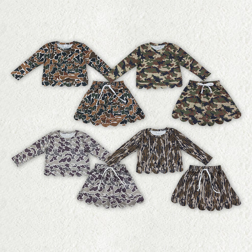 RTS NO MOQ Sibling milk silk Baby Girls Long Sleeve Camo Top Skirt Short Scallop Outfit