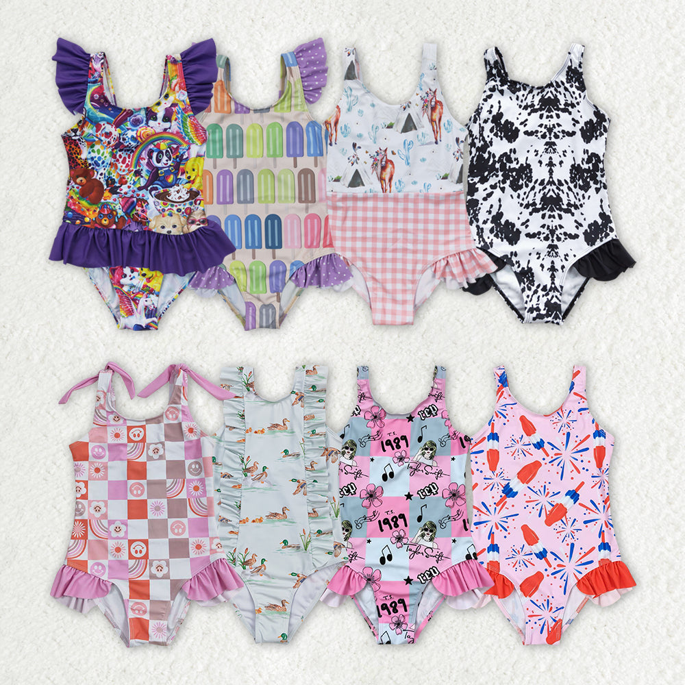 Girls Sleeveless Swimsuit Pink Popsicle Firework Design 4th of July Patriotic Swimwear for Kids