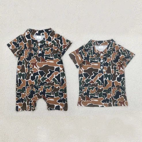 11.11 RTS Sibling Baby Boys Short Sleeves Dark Brown Camo Button Polo Shirts Top Rompers