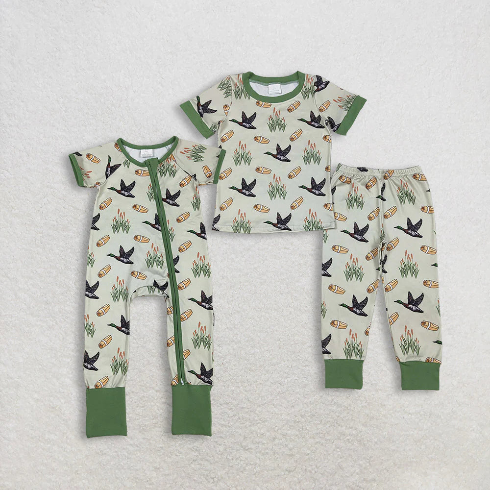 12.18 RTS Sibling Baby Boys Ducks Calls Pants Hunting Pajamas Set Zipper Rompers