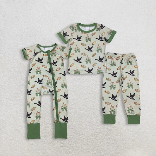 12.18 RTS Sibling Baby Boys Ducks Calls Pants Hunting Pajamas Set Zipper Rompers
