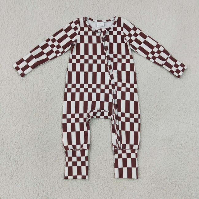LR3114 RTS NO MOQ （In stock）Baby Boys Maroon Check Long Sleeve Two Way Zipper Rompers