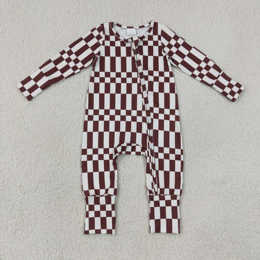 LR3114 RTS NO MOQ （In stock）Baby Boys Maroon Check Long Sleeve Two Way Zipper Rompers