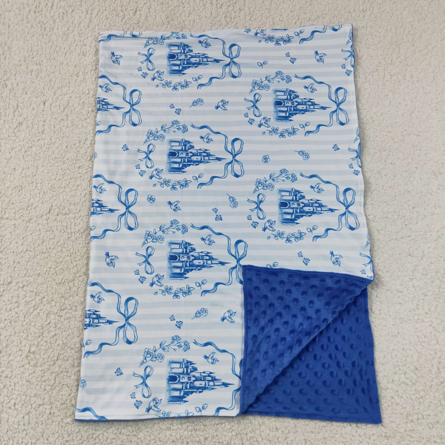 BL0247 RTS NO MOQ （In stock）Baby Kids Blue Stripe Print Bow Warm Blankets