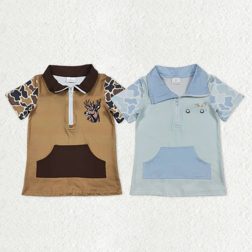 12.19 RTS Sibling Baby Boys Short Sleeve Southern Camo Zipper Pockets Deer Dogs Hunting Pullovers Top
