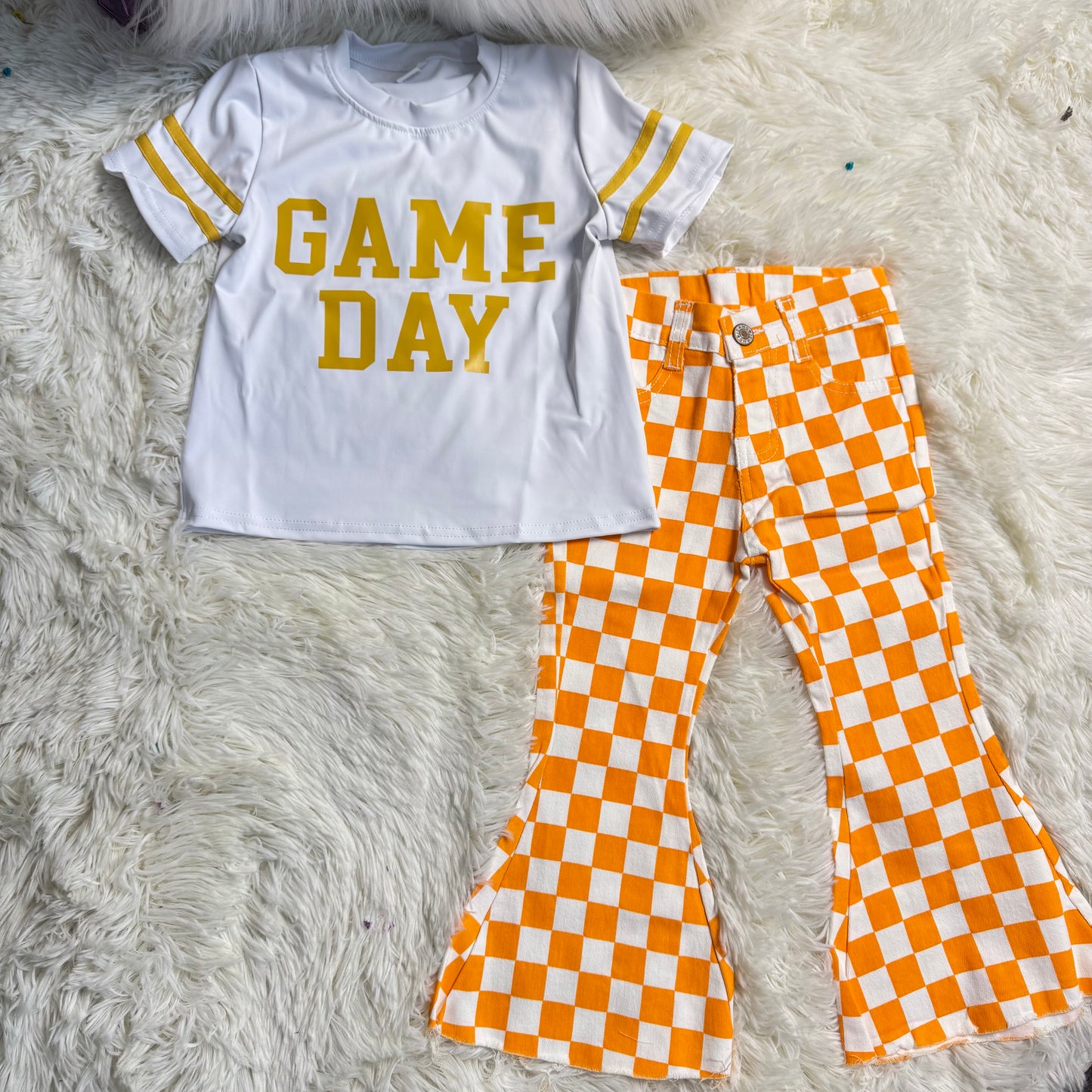 12.30 RST GT1116 + P0468 Baby Girls Vinyl Orange Game Day Yoga Active Tee Shirts Tops Checkered Bell Flare Denim Pants