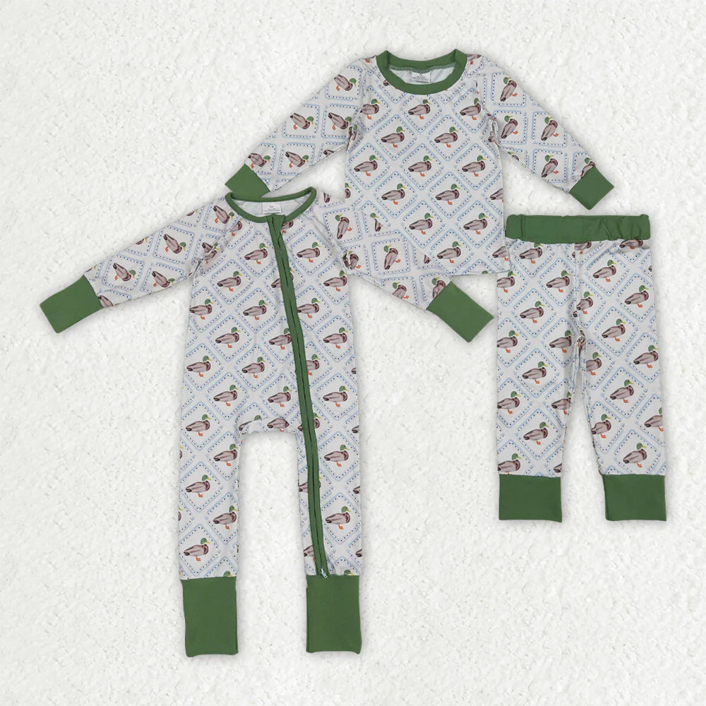 10.2 RTS Sibling Baby Boys Long Sleeves Ducks Plaid Top Pant Set Zipper Rompers