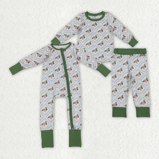 10.2 RTS Sibling Baby Boys Long Sleeves Ducks Plaid Top Pant Set Zipper Rompers