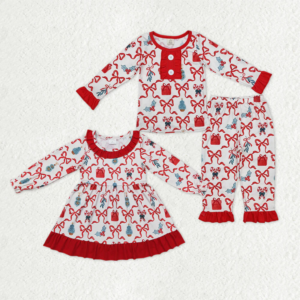 11.26 RTS Sibling Baby Girls Christmas Candy Cane Holly Checked Ruffle Pant Pajamas Sets Knee Length Dress