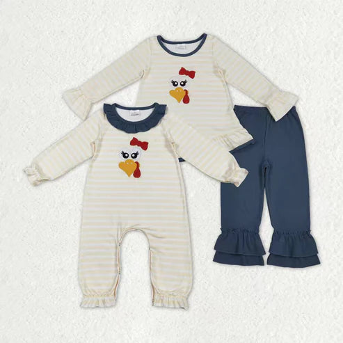 10.13 RTS Sibling Baby Girls Stripe Embroidery Turkey Tunic Ruffle Pants Thanksgiving Set Footie Rompers
