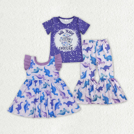 1.17 RTS Sibling Baby Girls Purple Dinosaur Dresses Clothes Sets