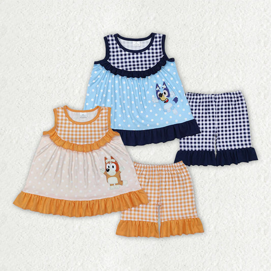 12.8 RTS Sibling Baby Girls Cartoon Dots Dogs Tunic Ruffle Shorts Outfits