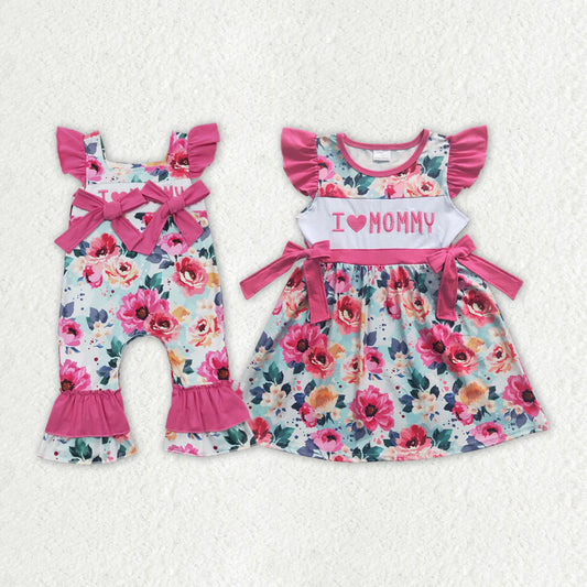 2.5 RTS Sibling Baby Girls I Love Mom Pink Floral Rompers Dresses