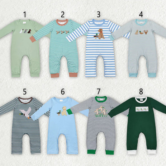 10.4 RTS Sibling Baby Infant Boys Embroidery Hunting Long Sleeve Rompers