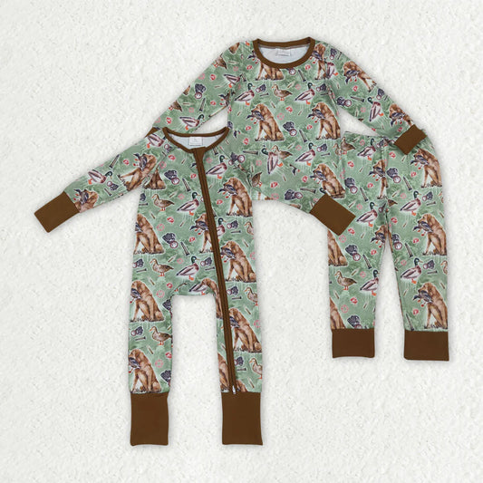 10.2 RTS Sibling Baby Boys Green Dogs Ducks Hunting Rompers Pajamas Sets