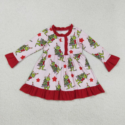 9.23 RTS Sibling Baby Girls Christmas Green Face Stars Pajamas Set Zipper Footie Romper Knee Length Dresses