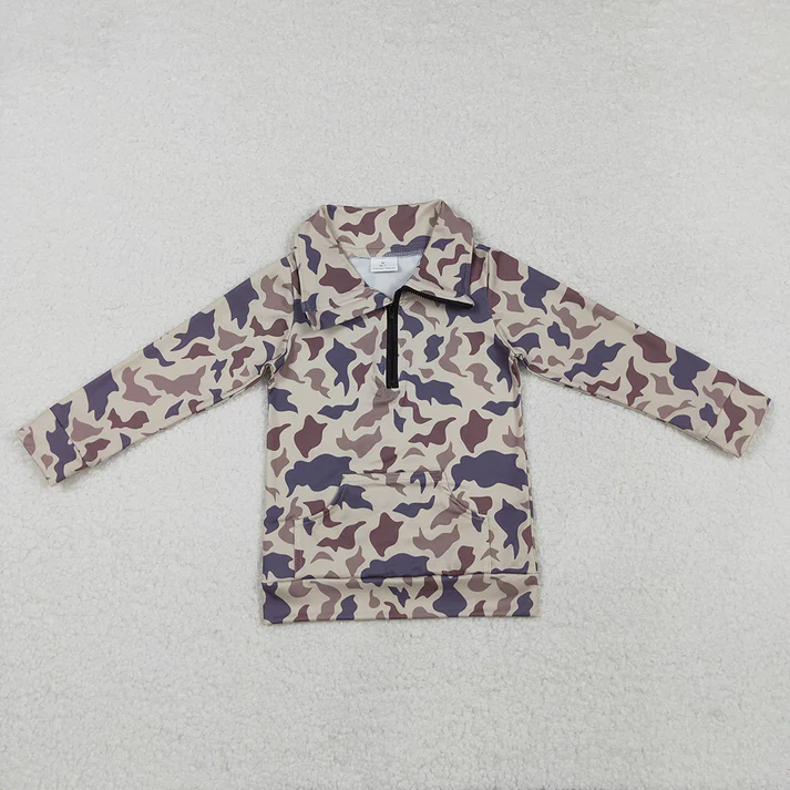 Adults women and Baby Girls Khaki Camouflage Zipper Stand Collar Pullover Long Sleeve Top