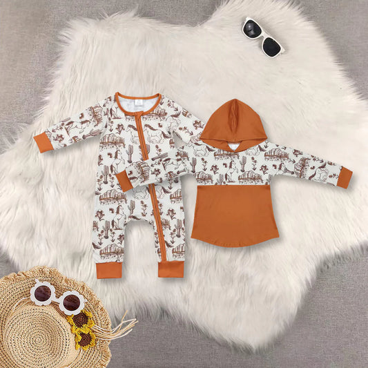 10.2 RTS Sibling Baby Boys Long Sleeves Horse Rodeos Hoodies Top Zipper Rompers