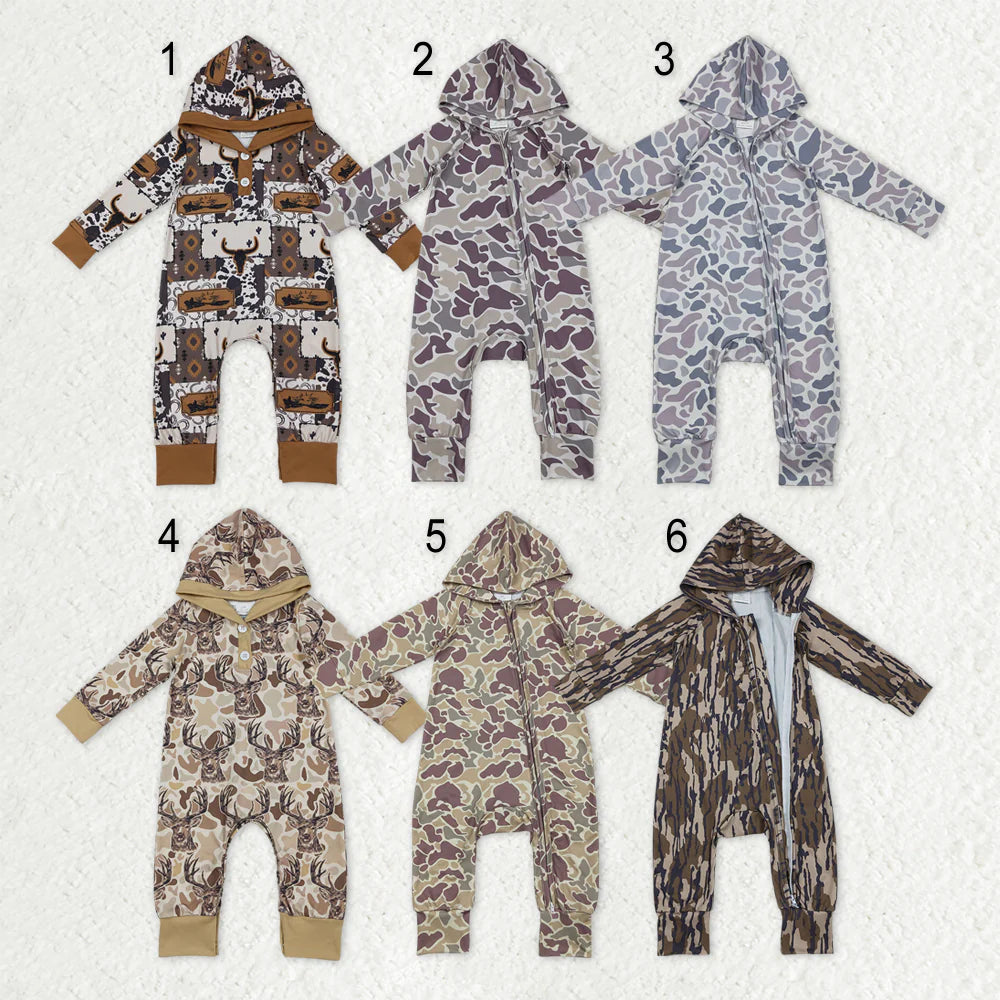 12.6 RTS Sibling Baby Boys Southern Hunting Camo Button Two Way Zip Convertible Hoodie Rompers