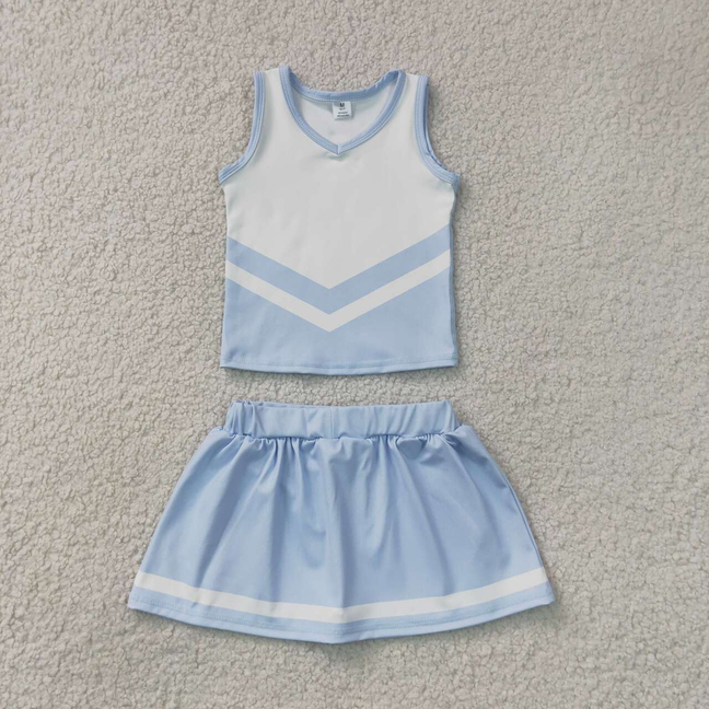 GSD4188  RTS NO MOQ （In stock）Sleeveless white light blue top skirt girls team cheer active set
