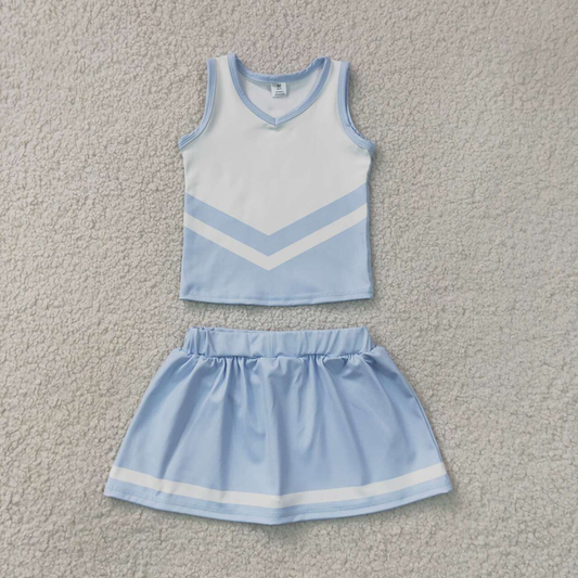 GSD4188  RTS NO MOQ （In stock）Sleeveless white light blue top skirt girls team cheer active set