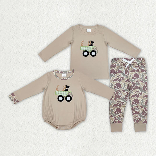 Baby Boys Khaki Deerhorn Puppy Long Sleeve Cropped Romper and Long Sleeve Pants Set
