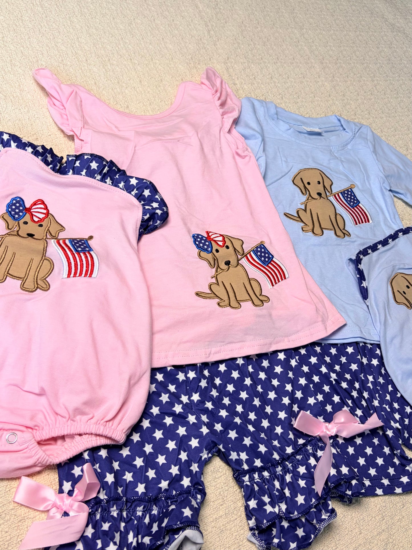 0430 RTS Sibling Dog flag embroidery backless bow kids 4th of july clothes and romper