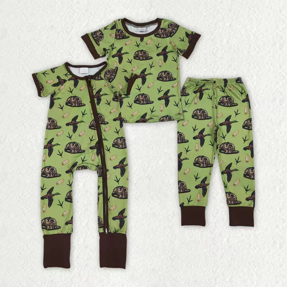 12.22 RTS Sibling Baby Boys Camo Hats Ducks Pants Hunting Pajamas Set Zipper Rompers