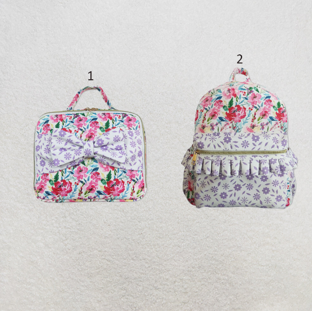RTS NO MOQ Sibling Baby Kids Cute Floral Lavender Print Backpacks And Lunch Boxes