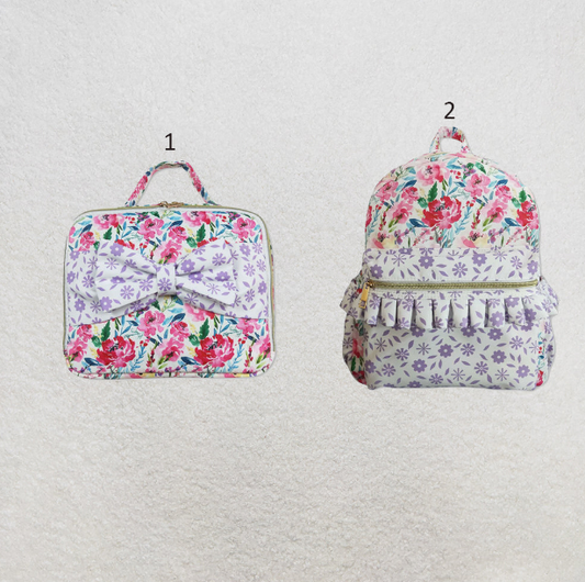RTS NO MOQ Sibling Baby Kids Cute Floral Lavender Print Backpacks And Lunch Boxes