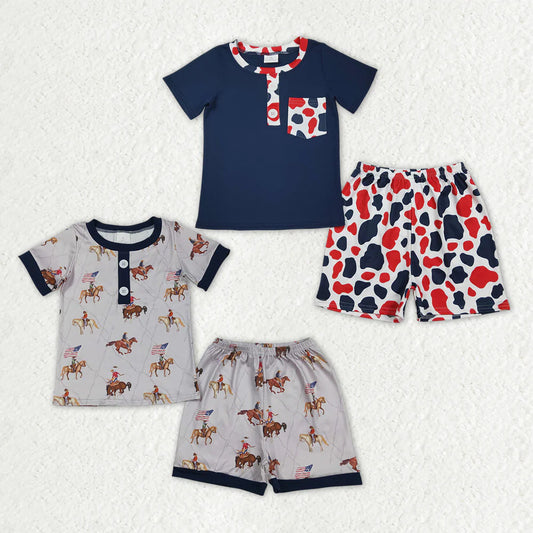 3.26 RTS Sibling Baby Boys Flags Horses Cow Print Button Shirts Top Shorts 4th of July Pajamas Set