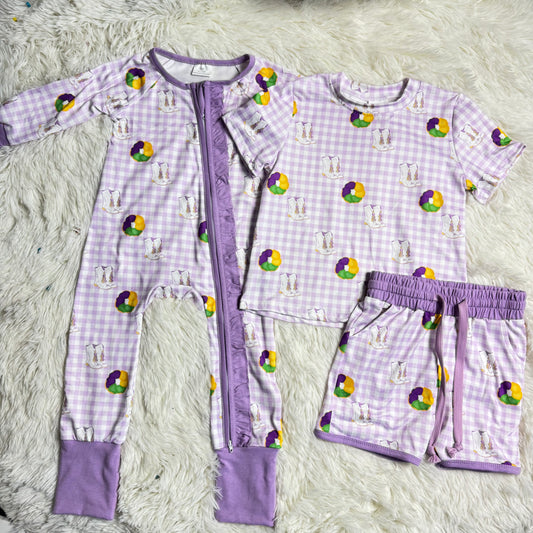 12.24 RTS Sibling Baby Girls Mardigras Donuts Boot Checked Pocket Short Clothes Set Ruffle Zip Romper