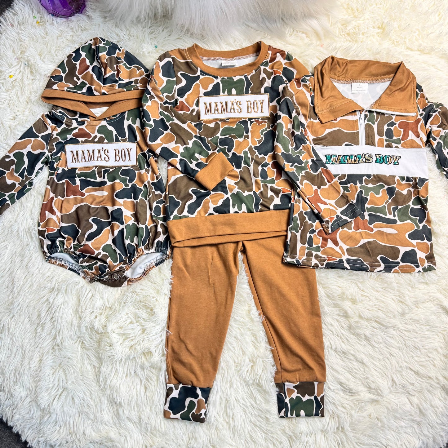 12.9 RST Sibling Baby Boys Embroidery Mama's Boy Brown Camo Pockets Pants Clothes Sets Hoodie Romper