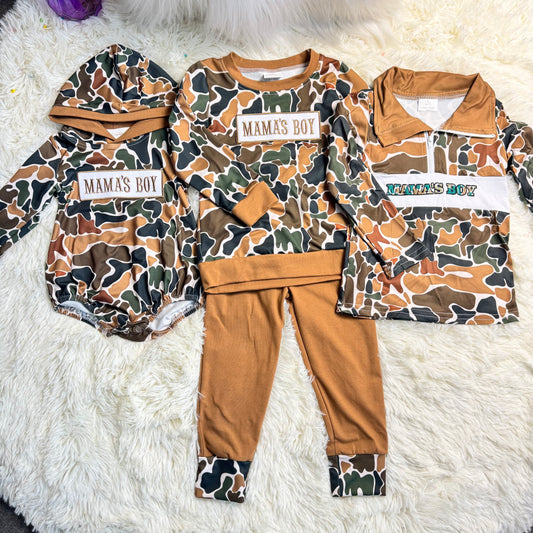 12.9 RST Sibling Baby Boys Embroidery Mama's Boy Brown Camo Pockets Pants Clothes Sets Hoodie Romper