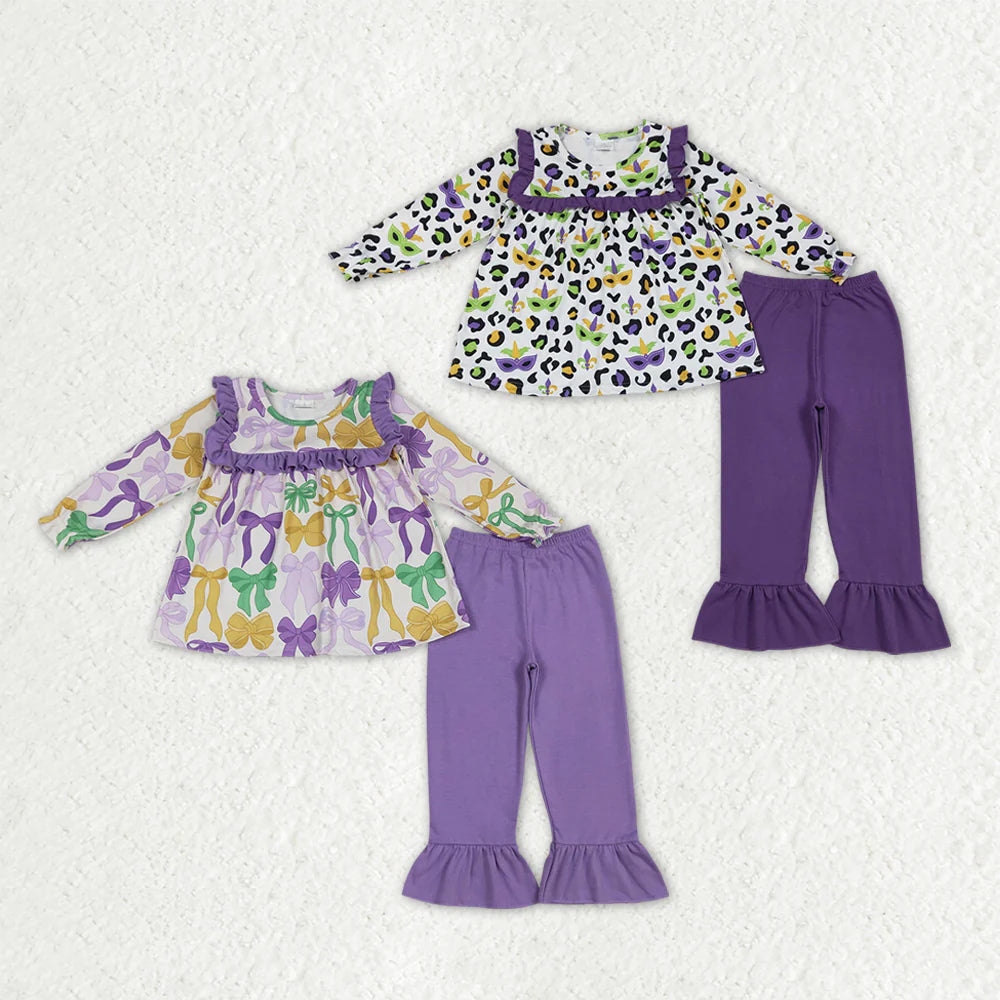 2.27 RTS Sibling Baby Girls Mardigras Bows Leopard Masks Tunic Ruffle Pants Clothes Sets