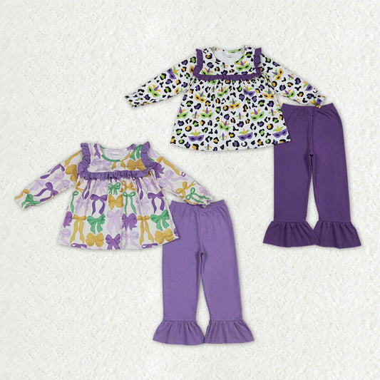 2.27 RTS Sibling Baby Girls Mardigras Bows Leopard Masks Tunic Ruffle Pants Clothes Sets