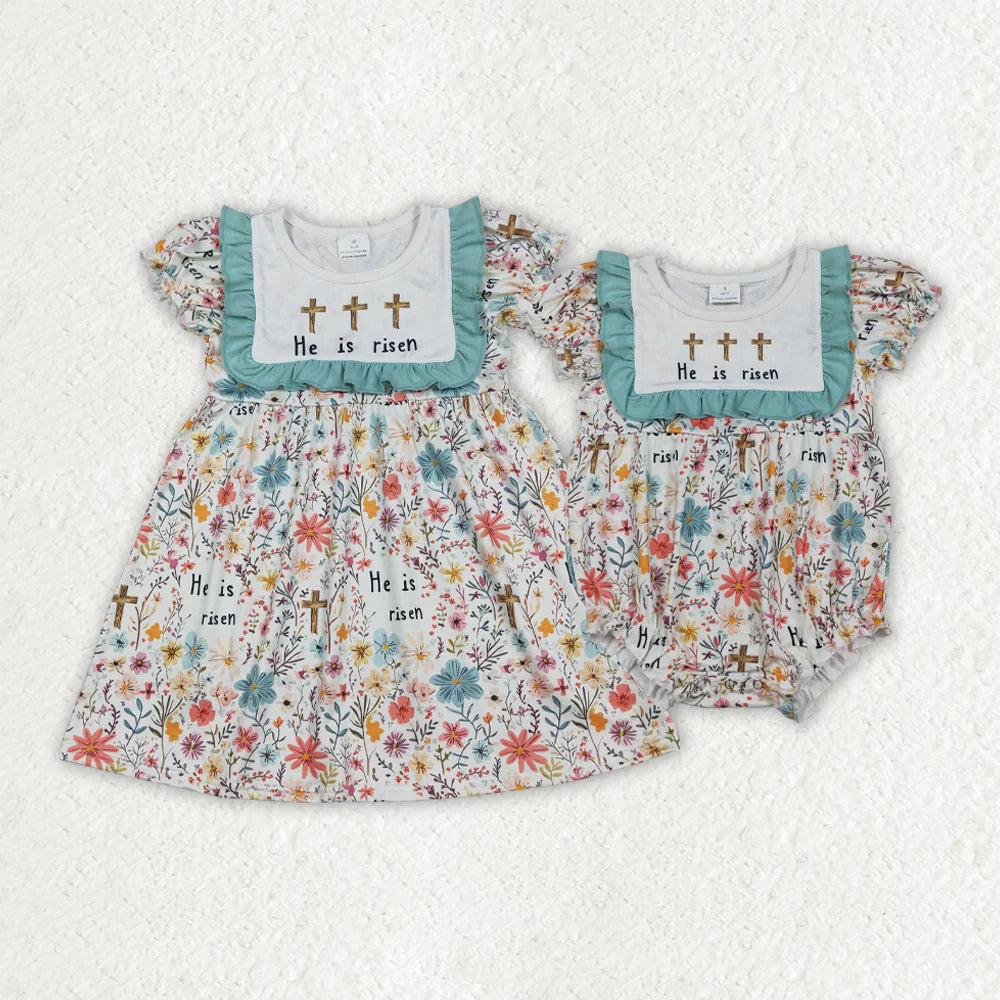 1.21 RTS Sibling Baby Girls He is Risen Crosses Flowers Easter Knee Length Dresses Rompers