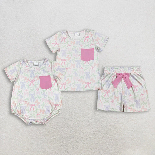 1.12 RTS Sibling Baby Girls Colorful Bows Pockets Shorts Clothes Set Ruffle Rompers