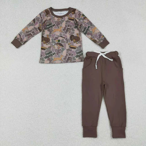 10.1 RTS Sibling Baby Boys Brown Turkey Ducks Camo Top Pockets Pant Hunting Clothes Sets Rompers