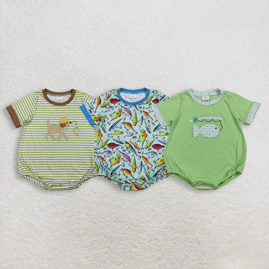 3.18 RTS Sibling Baby Boys Short Sleeve Embroidery Print Fishing Hunting Rompers