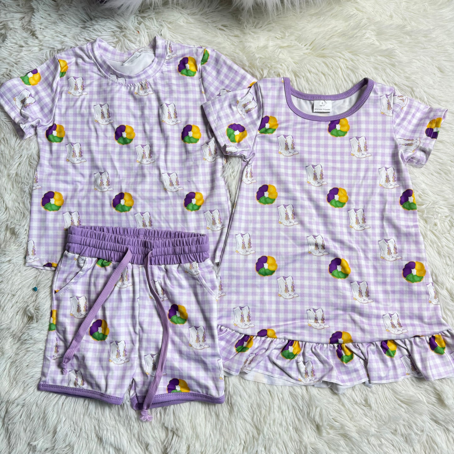 12.23 RST Sibling Baby Girls Mardigras Donuts Boot Checked Dress Pocket Short Clothes Set