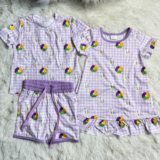 12.23 RST Sibling Baby Girls Mardigras Donuts Boot Checked Dress Pocket Short Clothes Set