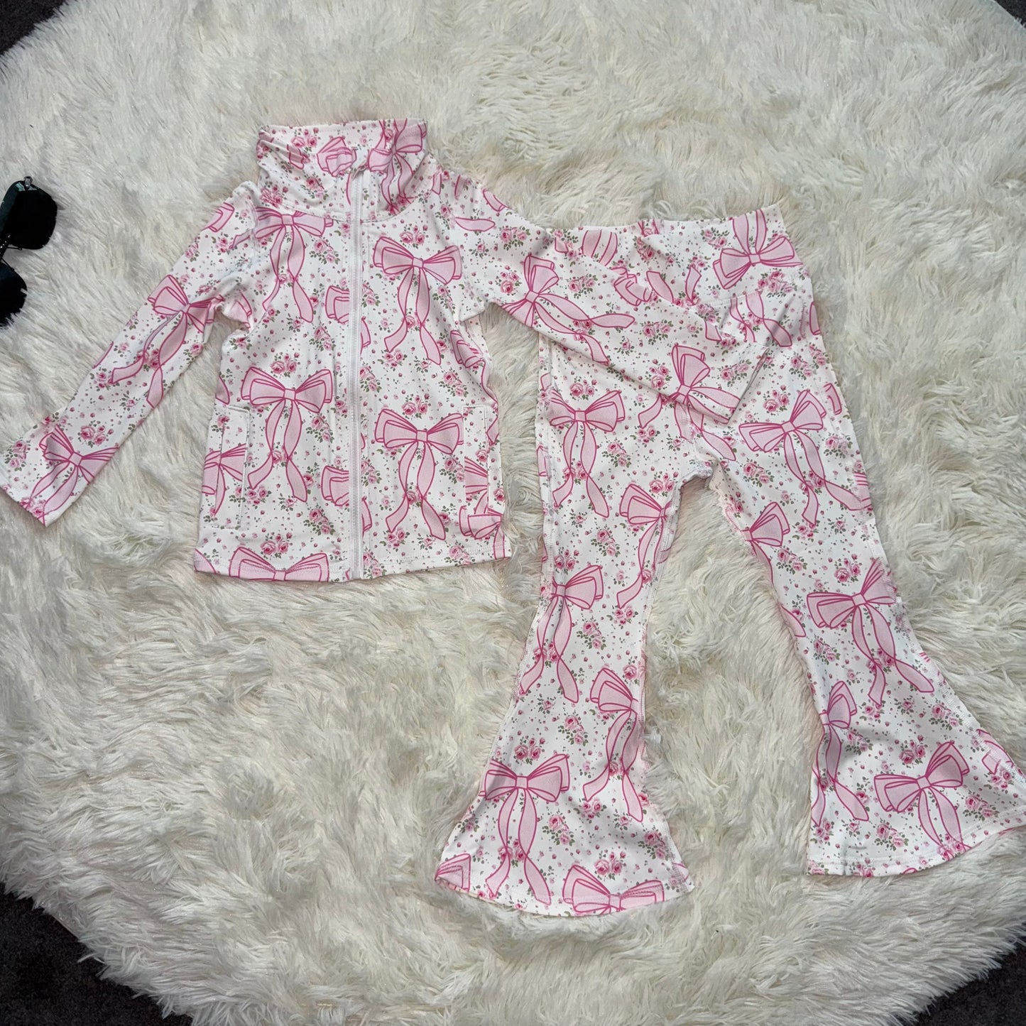 11.3 RST GT1082+ P0773 Baby Girls Pink Floral Bows Plaid Zipper Pockets Yoga Active Jackets Top Bell Bottom Yoga Active Pants