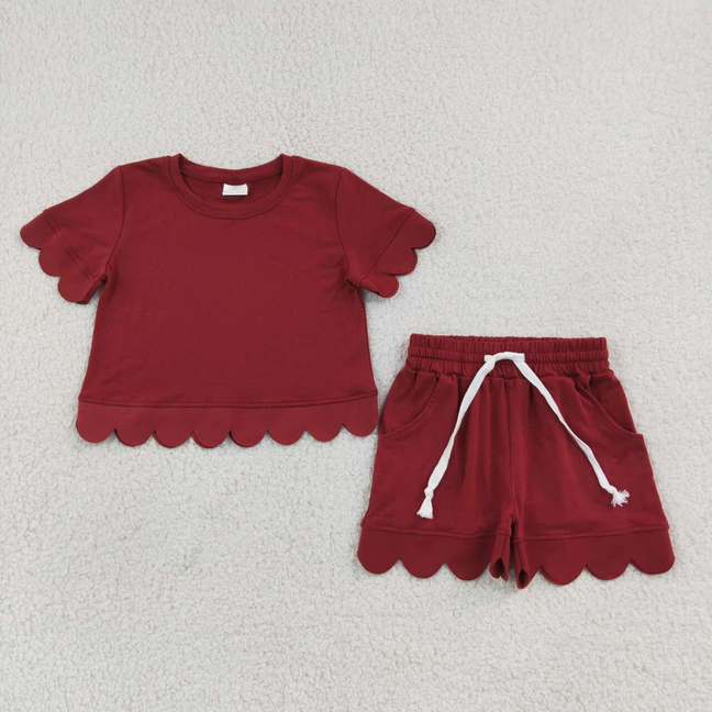 GSSO3778RTS NO MOQ （In stock）Baby Girls Maroon Short Sleeve Cotton Top Scallop Hem Shorts Two Piece Cas