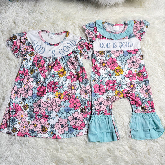 12.19 RTS Baby Girls God Is Good Sibling Rompers Dress Clothes Outfits Sets