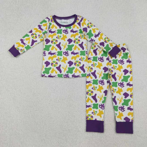 10.15 RTS Sibling Baby Boys Mardigras Camo Crayfishes Top Pants Pajamas Sets Zipper Footie Rompers