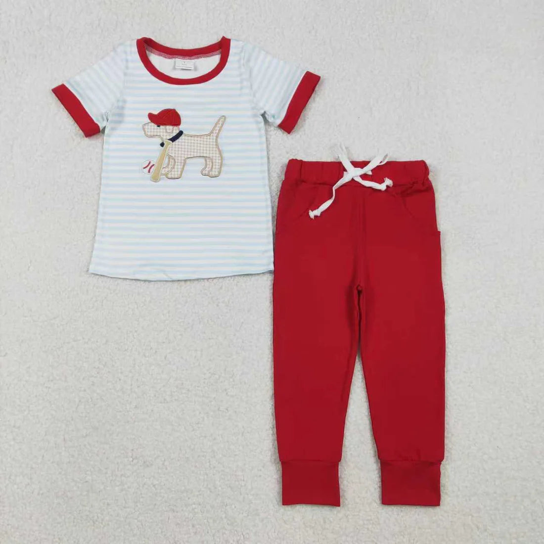 12.2 RTS Sibling Baby Boys Embroidery Baseball Dogs Stripe Pockets Pants Team Set Footie Rompers